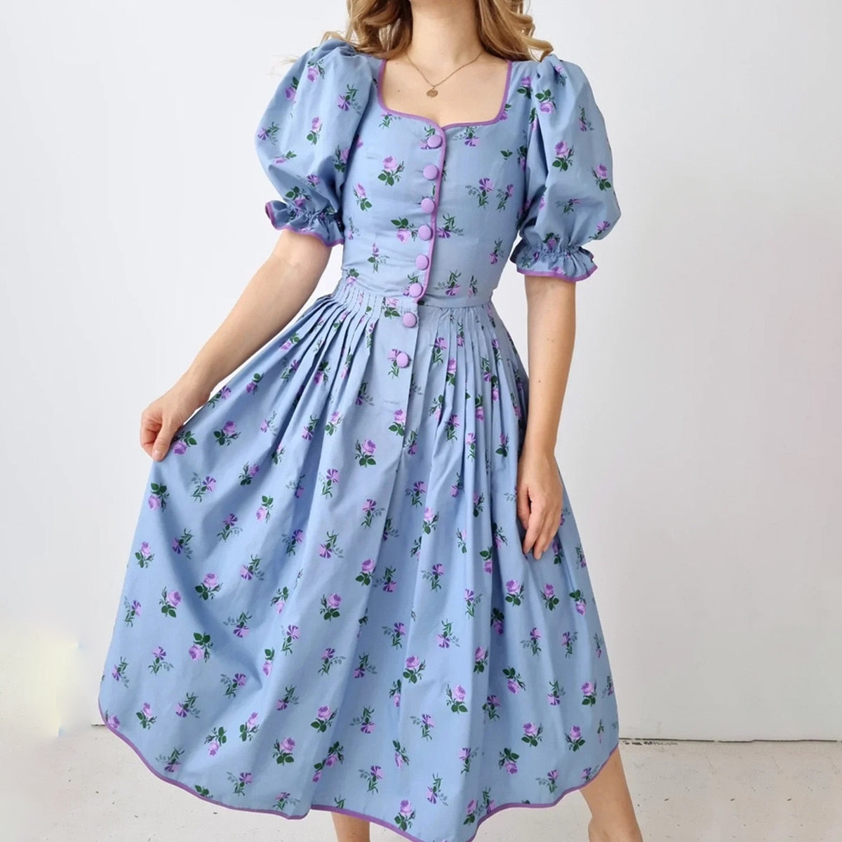 Lizakosht 2023 Spring New Square Collar Retro Dress Puff Sleeve Single Breasted Fashion Floral Vestidos Boho Beach Holiday Dress