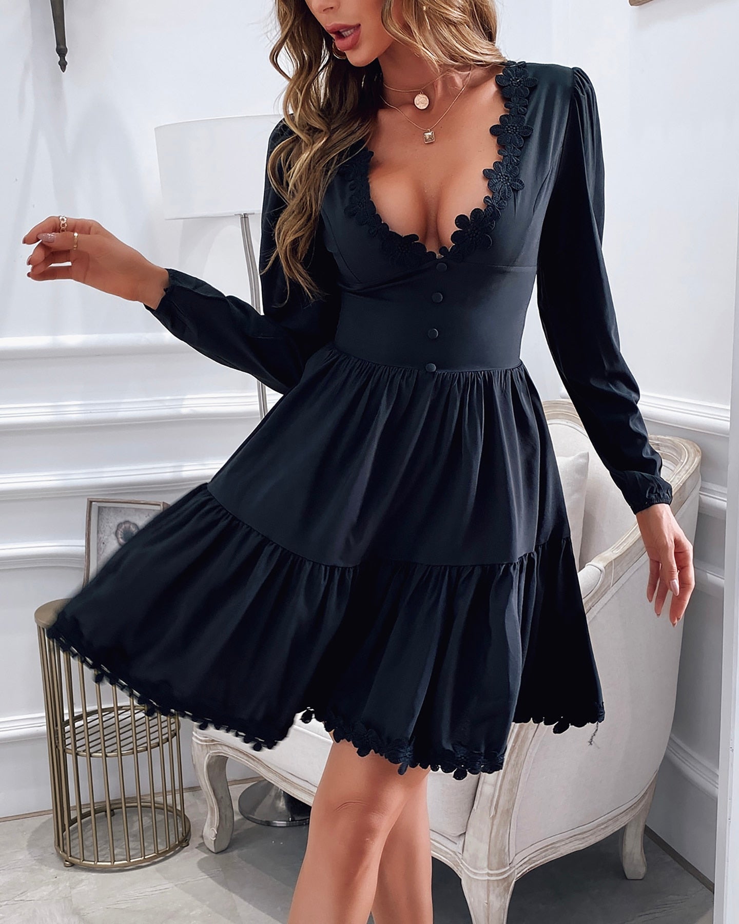 Lizakosht Autumn Women Fashion Elegant Casual V Neck Buttoned Sweet Mini Sexy Solid Dress Solid Long Sleeve Lace Skinny Waist Dress