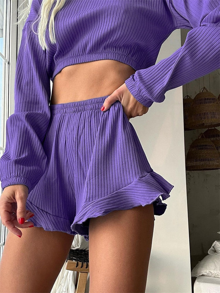 Lizakosht Ribbed Short Sets Women 2 Piece Outfits Vacation Loose Crop Tops Ladies Street Casual Summer Clothing For Woman Suits