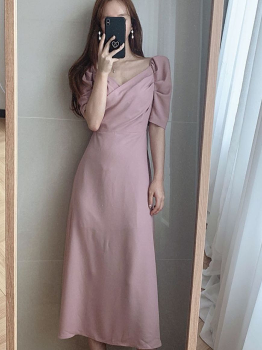 Summer Women Korean Style Chic Sweet  Puff Sleeve Dress Female Lace Up Elegant Clothes