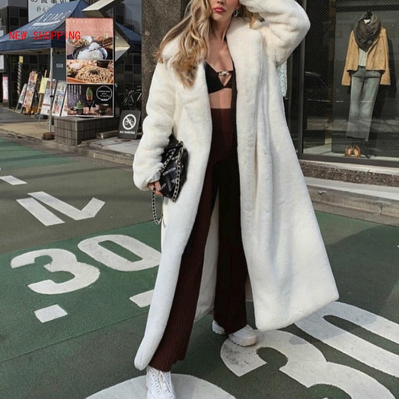 Lizakosht White Teddy Coats Elegant Long Shaggy Trench Women Furry Jackets Fluffy Artificial Fur Coat Faux Fur Jacket Winter Homewear