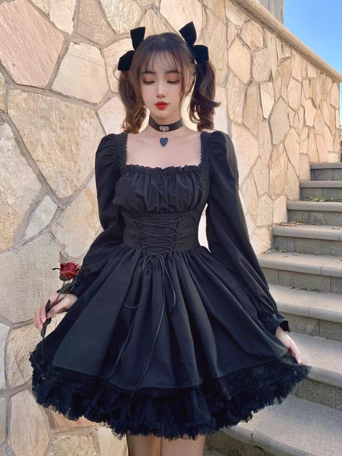 Lizakosht-White Lolita Dress Kawaii Vinatge Long Sleeve Mini Dresses Black Gothic Bandage Lace Patchwork Streetwear Square Collar