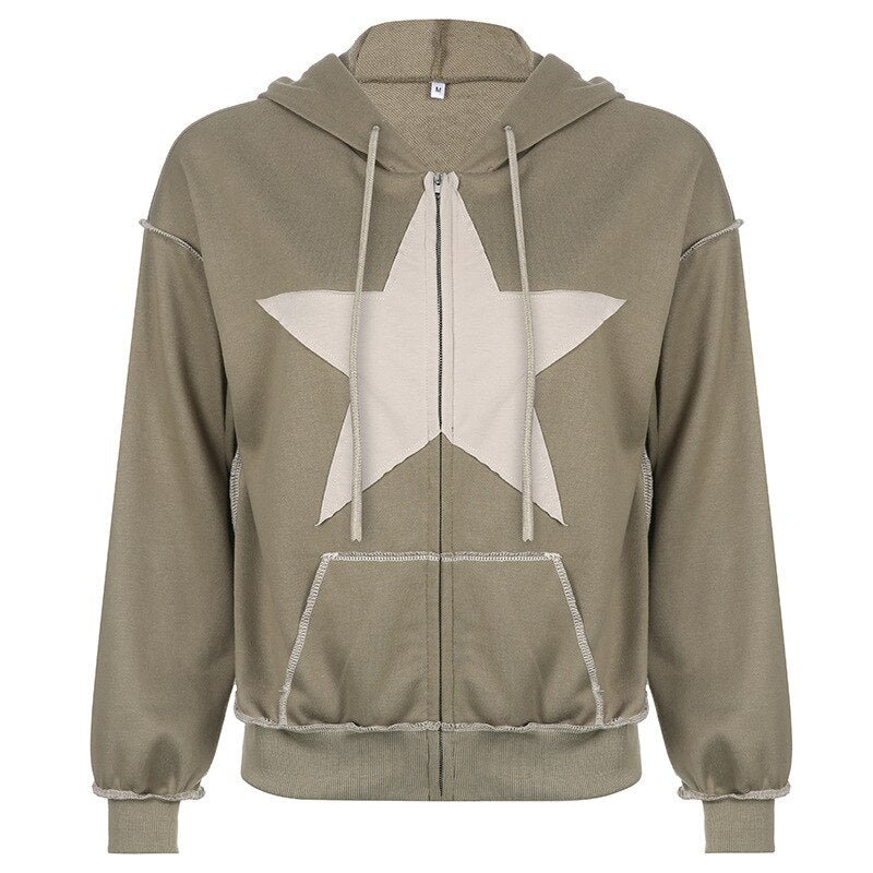 Autumn Hoodies Oversize Y2K Sweatshirts Women Star Hooded Sweatshirt Zipper Cardigan Loose Khaki Print Sweatshirt Coat Jackets