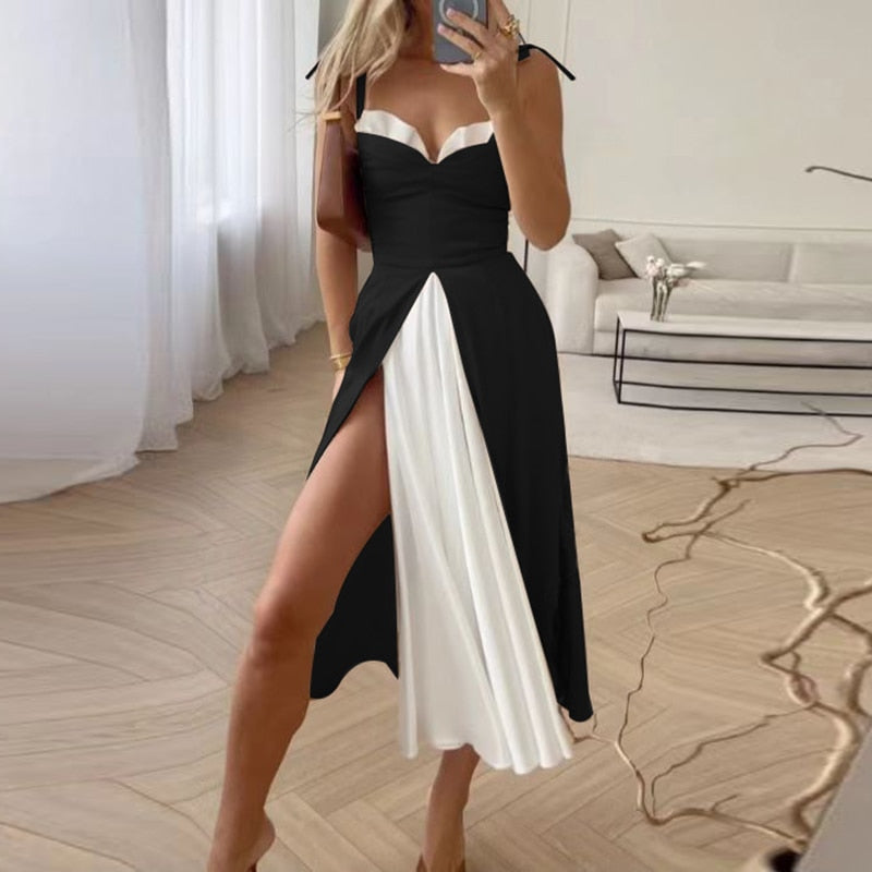 Lizakosht Ladies Tube Top Bow Sling Long Dress Fashion Loose Women Pleated Summer A-line Dress Sexy Patchwork High Split Party Dresses