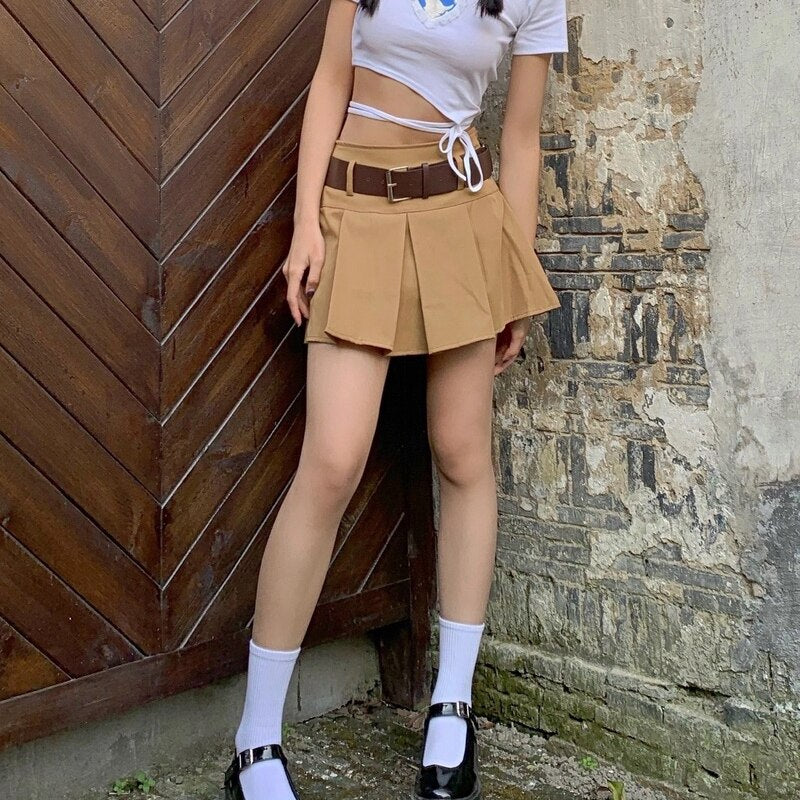 HOUZHOU Vintage Pleated Skirts with Sashes High Waist Preppy Style Mini Skirts Cyber Y2k Streetwear Summer Clothes for Women