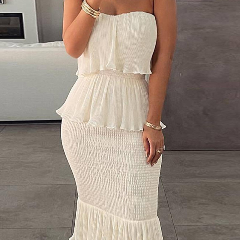 Sexy Sleeveless Wrap Pleated Layered Party Dress Elegant Solid Strapless Ruffle Slim Dress Fashion Chic Sweet Long Mermaid Dress