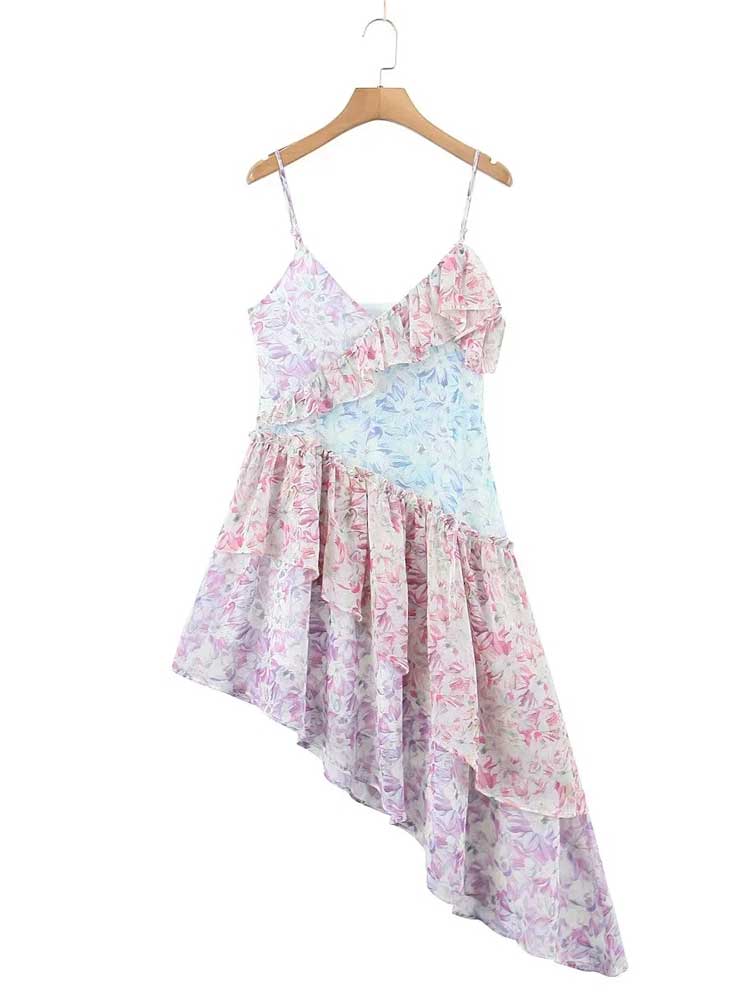 Lizakosht  floral print asymmetric dress V-neck straps sexy party dress chiffon women ruffled dress new summer ladies dress