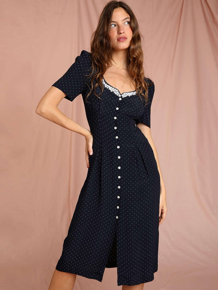 Polka Dot Print Midi Dress Woman Elegant Embroidery Short Sleeve V-neck Vestidos 2022 Summer Femme Vintage Casual Long Robes