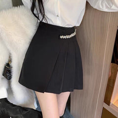 HOUZHOU Black Mini Skirt Women Elegant High Waist Rhinestones Patchwork Irregular Pleated Skirt Korean Fashion Office Wear Women