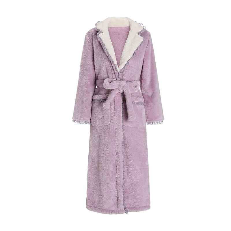 Lizakosht Lace Up Bathrobe Women's Thick Warm Winter Velvet Doll Collar Lace Splice Pleated Outwardly Wearable Nightdress Female Home Suit