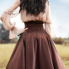 Retro Women Long Skirt Lace-up High Waist Spring Autumn Royal Vintage A-line Skirt For Women French Court Style Brown shine