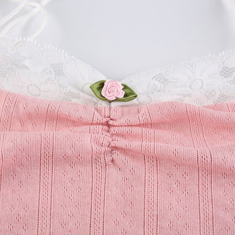 Lizakosht  Solid Color Lace Stitching Lace-up Vest Pleated 2022 New Summer Navel Small Flower Square Collar Suspender Female