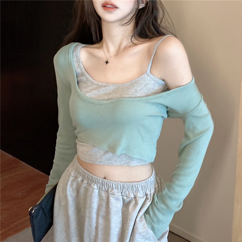 T-shirt Women's Irregular Short Slim Long Sleeve Bottoming Shirt 2022 Spring New Tights Two-piece Suit