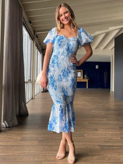 Lizakosht Printed Dots Smocking Bodycon Midi Summer Beach Dress for Women 2023 Puff Sleeve Blue Elegant Long Beach Party Vestidos