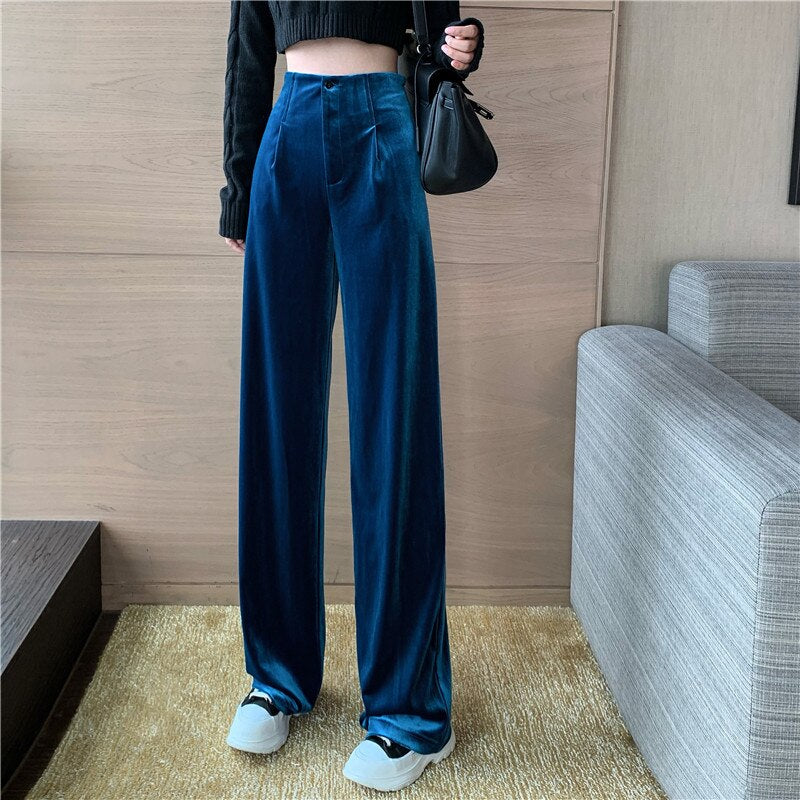 Lizakosht Winter Velvet Elegant Y2k Pants Women Solid Casual Korean Style Wide-legged Pants Loose Casual Designer High-waist Trousers