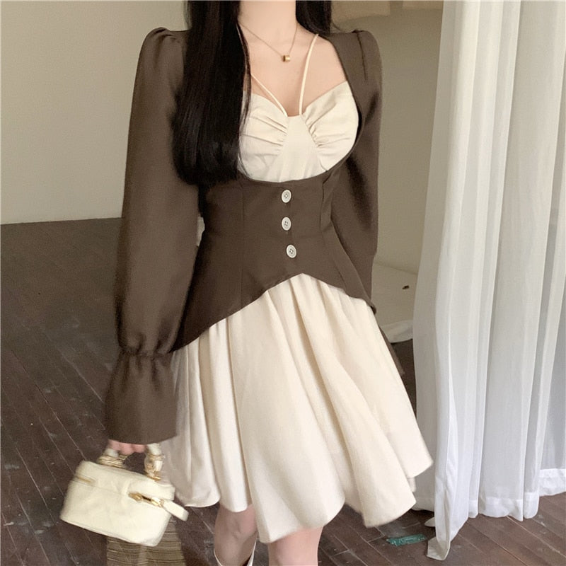 Lizakosht  Contrast Color Patchwork Long Sleeve Mini Dress Women Spring Slim Waist Button Sexy Party Clothes Fake Two Piece Dresses Female