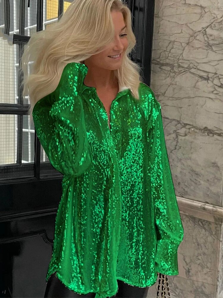 Lizakosht Winter Y2K Green Fashion  Elegant Sequins Shirts Women Long Sleeve V Neck Party Sexy Club Long Casual Blouse Shirt