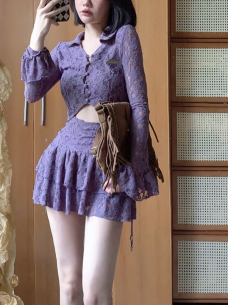 Lizakosht Purple France Vintage Two Piece Set Women Summer Lace Sexy Mini Skirt Suit Female Korean Fashion Hight Waist Skirt Suit New