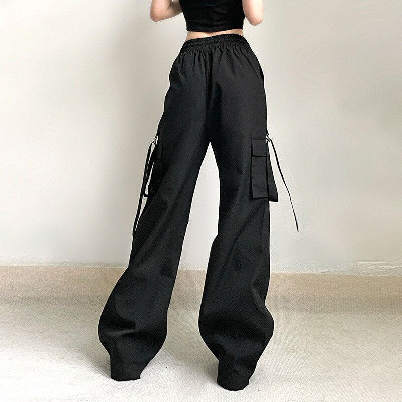 Lizakosht Multi Pocket Black Cargo Pants Hip Hop Streetwear Baggy Drawstring Grunge Straight Leg Sweatpants Women Carpenter Trousers