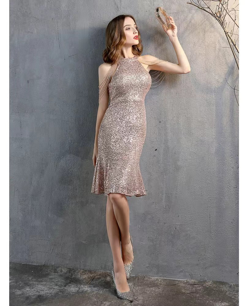 Elegant Chain Sequin Slim Dress Summer Women Fashion Hollow Out Off Shoulder Skinny Club Dresses Ladies Sleeveless Party Dress