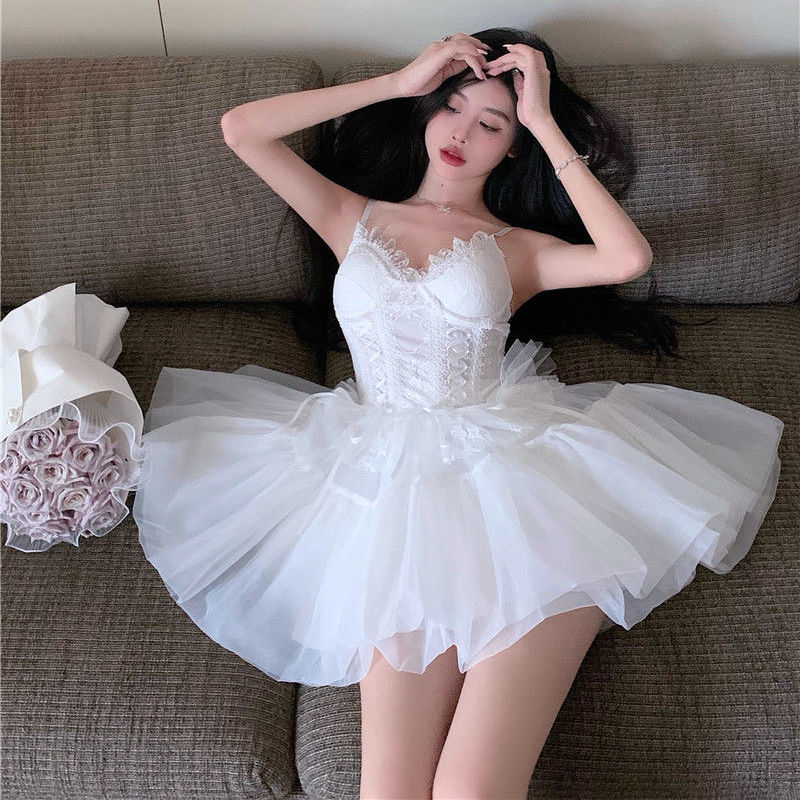 Dress Sets Sexy Two Piece Set Women Lace White Slim Bandage Camis Crop Top Summer Party Cute Mesh Fluffy Tutu Skirt