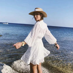 Lizakosht New Women Cotton Lantern Sleeve Summer Autumn Beach Dress Hollow Out Button Sash Dress Foridol White Embriodery Dress