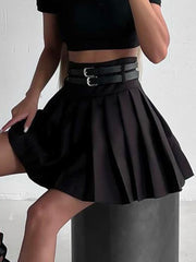 Lizakosht Summer Solid Belt Mini Skirt Black Women High Waist Slim Pleated Mini Skirts For Woman Versatile Casual Faldas De Mujer