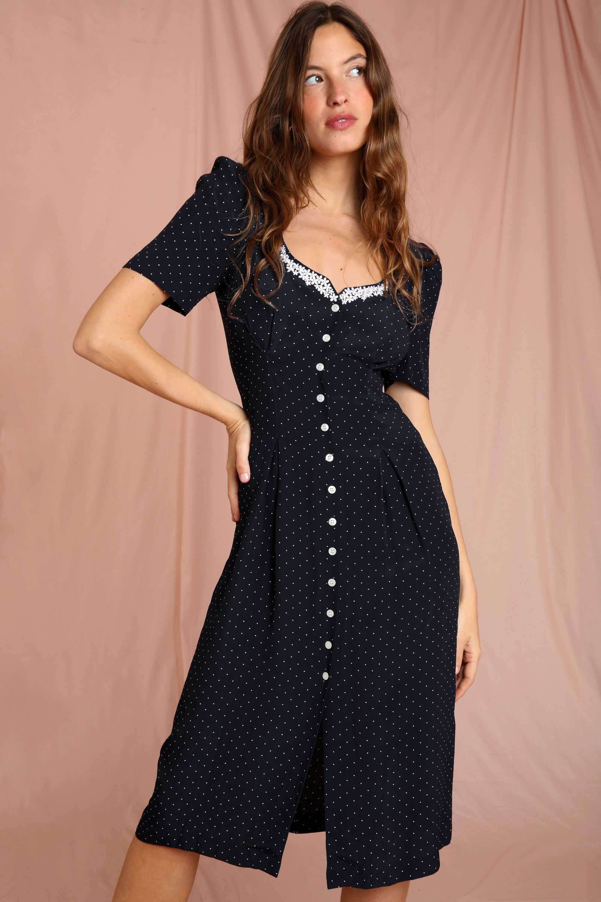 Polka Dot Print Midi Dress Woman Elegant Embroidery Short Sleeve V-neck Vestidos 2022 Summer Femme Vintage Casual Long Robes