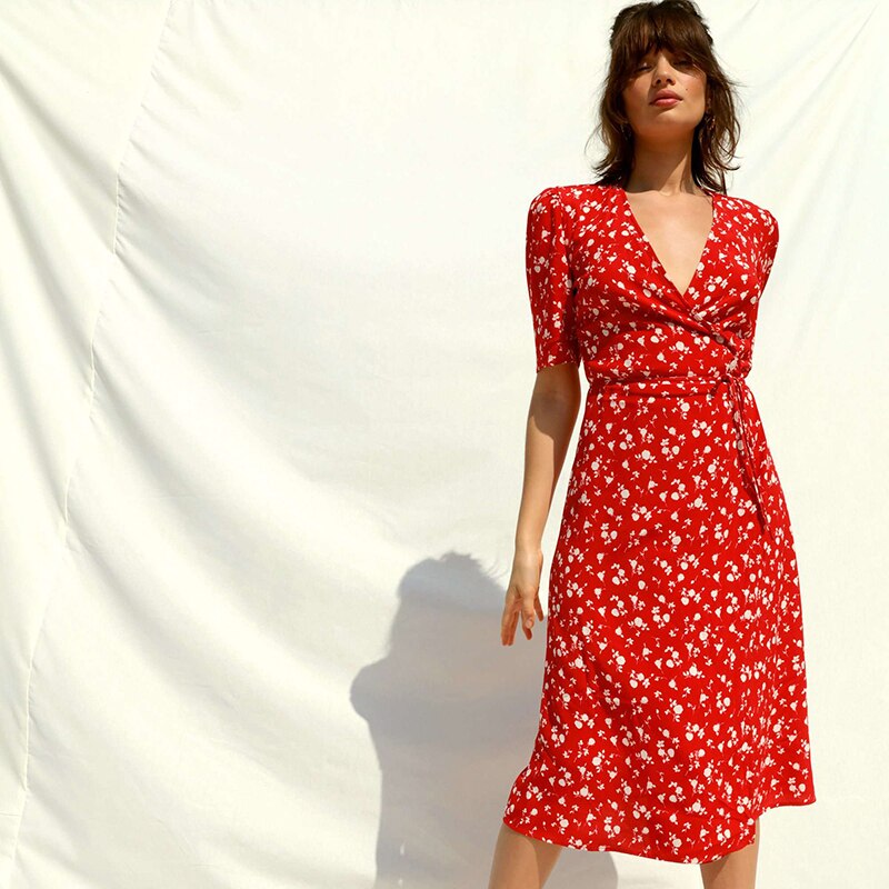 Polka Dot Print Midi Dress Woman Elegant Embroidery Short Sleeve V-neck Vestidos 2022 Summer Femme Vintage Casual Long Robes