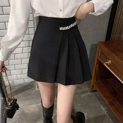 HOUZHOU Black Mini Skirt Women Elegant High Waist Rhinestones Patchwork Irregular Pleated Skirt Korean Fashion Office Wear Women