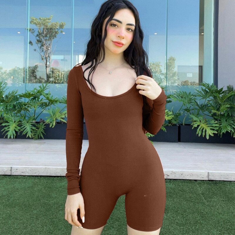 Lizakosht Fall Spring Basic Solid Ribbed Long Sleeve Playsuit Women Slim-fit Hip-lifting Sports Romper Casual Skinny One Piece 2023 New