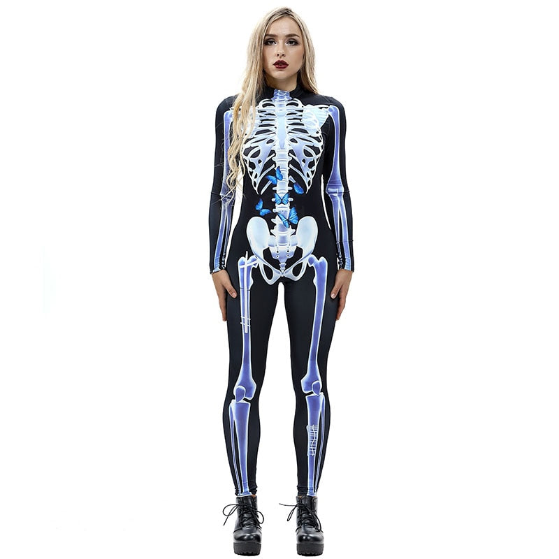 Scary Halloween Skeleton Bone Print Costume Adult Women Horror Carnival Blood Catsuit Jumpsuit X Ray Long Sleeves Bodysuit