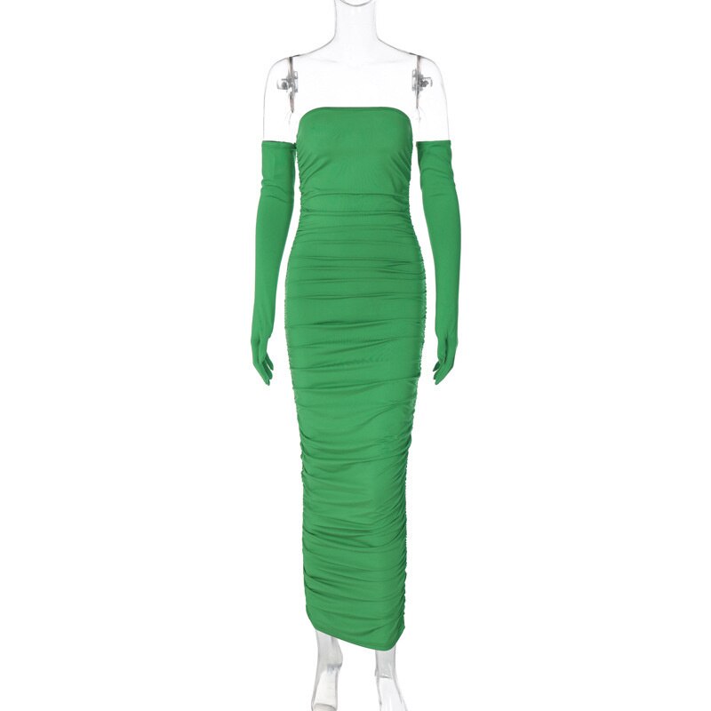 Lizakosht Green Ruched Strapless Party Dress Women Drawstring Elegant Fashion New Sexy Off Shoulder Sleeveless Midi Tight Dress