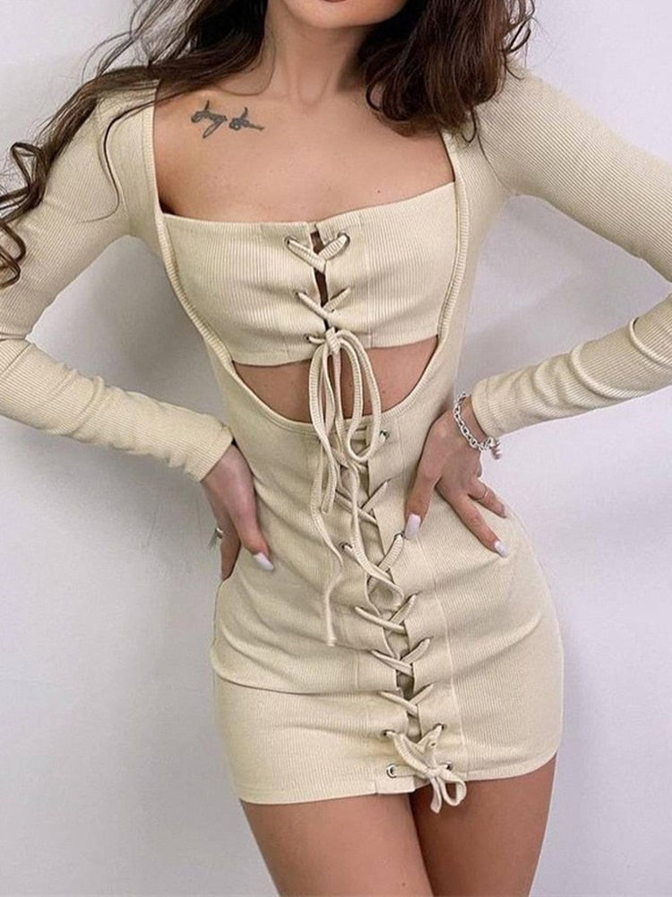 Lizakosht Lacing Spring Fall Street Style Fake Two-piece Slim Dress For Women Square Collar Hollowed-out Drawstring Tight Short Dress