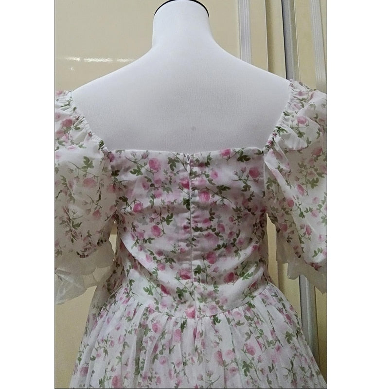 Summer Women Dress Both-Sides Wear Floral Print Chiffon Organza Dress Sexy Square Neck Puff Sleeve Party Prom Skirt Short Sweet