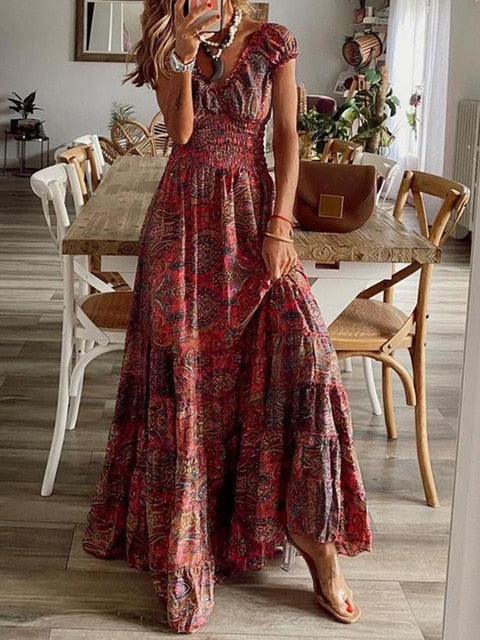 Lizakosht Casual Short Sleeve V Neck Waist Dress Ladies Vintage Floral Printed Long Dress Summer Women Fashion Loose Ruffle Dresses