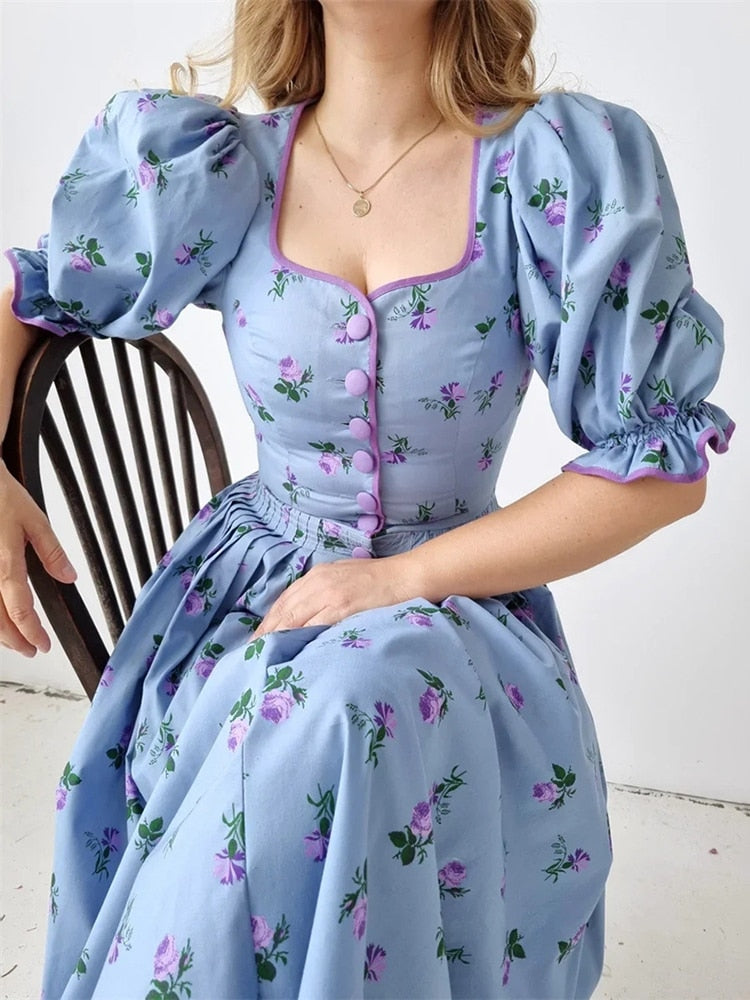 Lizakosht 2023 Spring New Square Collar Retro Dress Puff Sleeve Single Breasted Fashion Floral Vestidos Boho Beach Holiday Dress