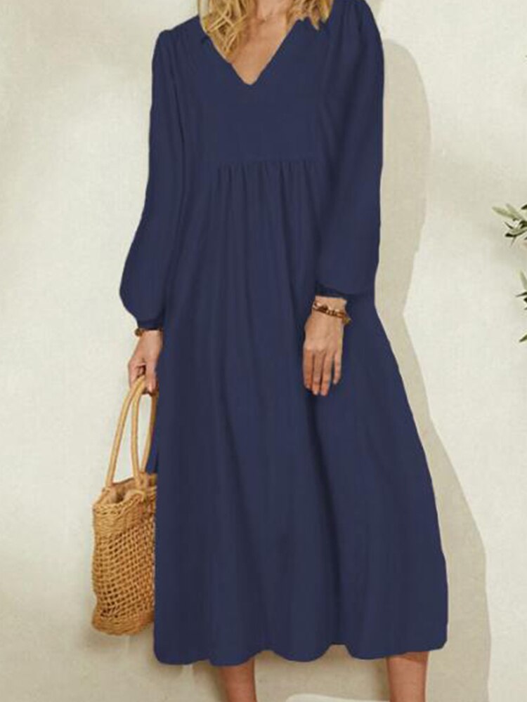 Lizakosht  Summer Spring Solid V Neck Lantern Sleeve Dress Elegant Casual Loose Cotton Linen Party Dress Women Office Commute A-Line  Dress