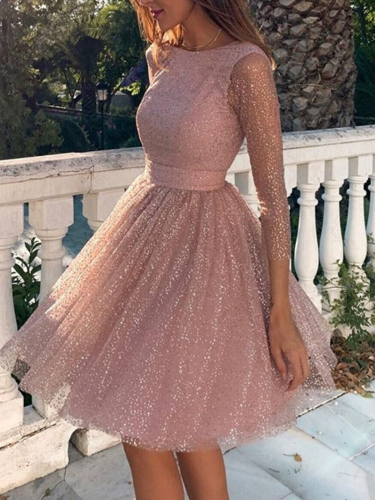 Lizakosht Summer New Ladies Fashion Pink Long Sleeve Evening Dresses High Waist A-Line Backless Party Dresses Women Clothing