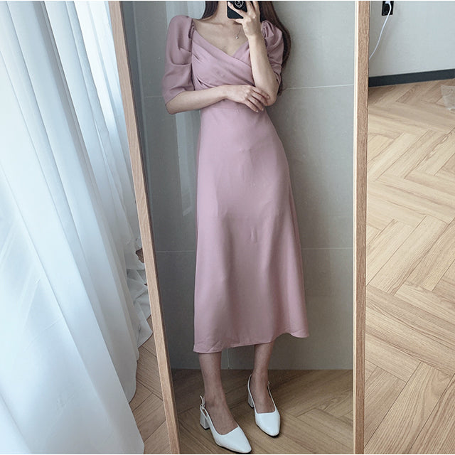 Summer Women Korean Style Chic Sweet  Puff Sleeve Dress Female Lace Up Elegant Clothes