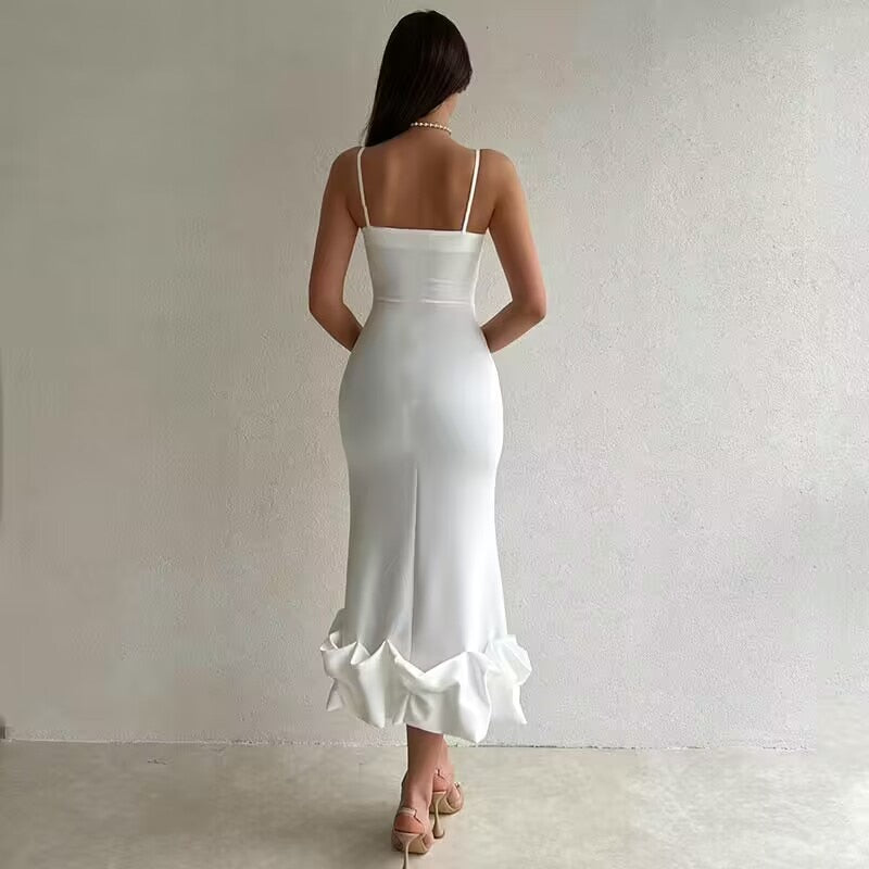 Lizakosht Sexy Sleeveless Backless Midi Dress Women Summer Fashion Bodycon Elegant Ruffles Eged Birthday Party Club Pencil Dess