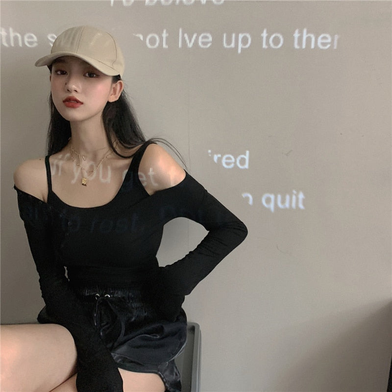 T-shirt Women's Irregular Short Slim Long Sleeve Bottoming Shirt 2022 Spring New Tights Two-piece Suit