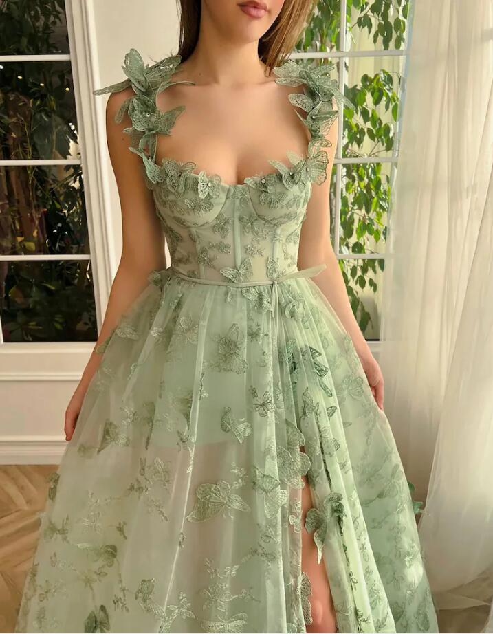 Lizakosht Green Lace Evening Dresses 2023 Hi-lo Spaghetti Strap A Line Front Slit Spaghetti Strap A Line with Belt Formal Party Prom Gowns