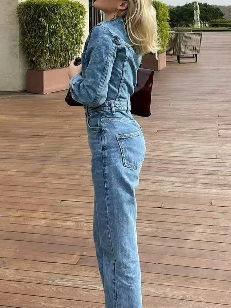 Lizakosht Women 2023 New Chic Fashion Straight Denim jumpsuit Vintage Long Sleeve Female long Jumpsuits Mujer