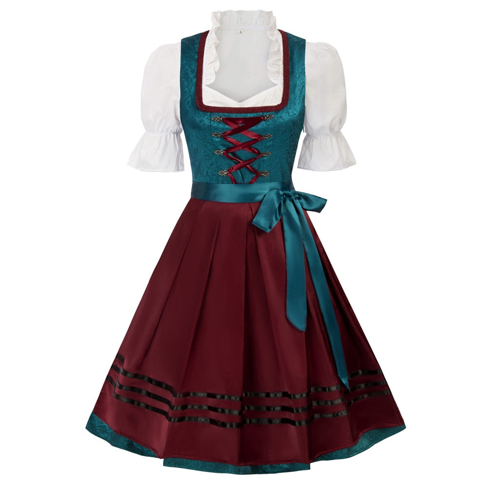 Jasambac Dresses Women Retro 3pcs Set German Bavarian Oktoberfest Costumes Tops+Dress+Apron Gothic Maid Outfit Summer Dress