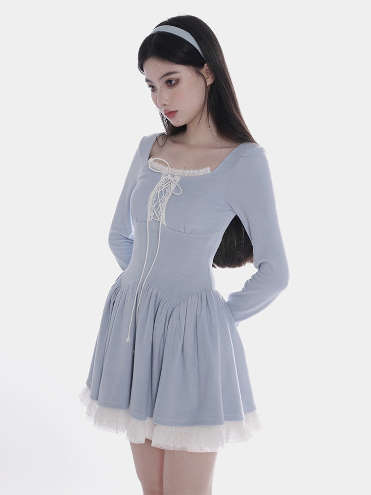 Lizakosht Sweet Dresses Women Summer Long Sleeve Lace Trim Square Collar Lace-up A-line Chic Fashion Mini Dress for Kawaii Girls