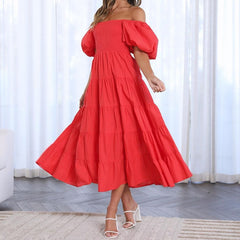 Lizakosht Elegant Pleat Short Sleeve One Shoulder Loose Dresses Chic Casual Solid Big Hem Long Dress Summer Women Waist Party Dress