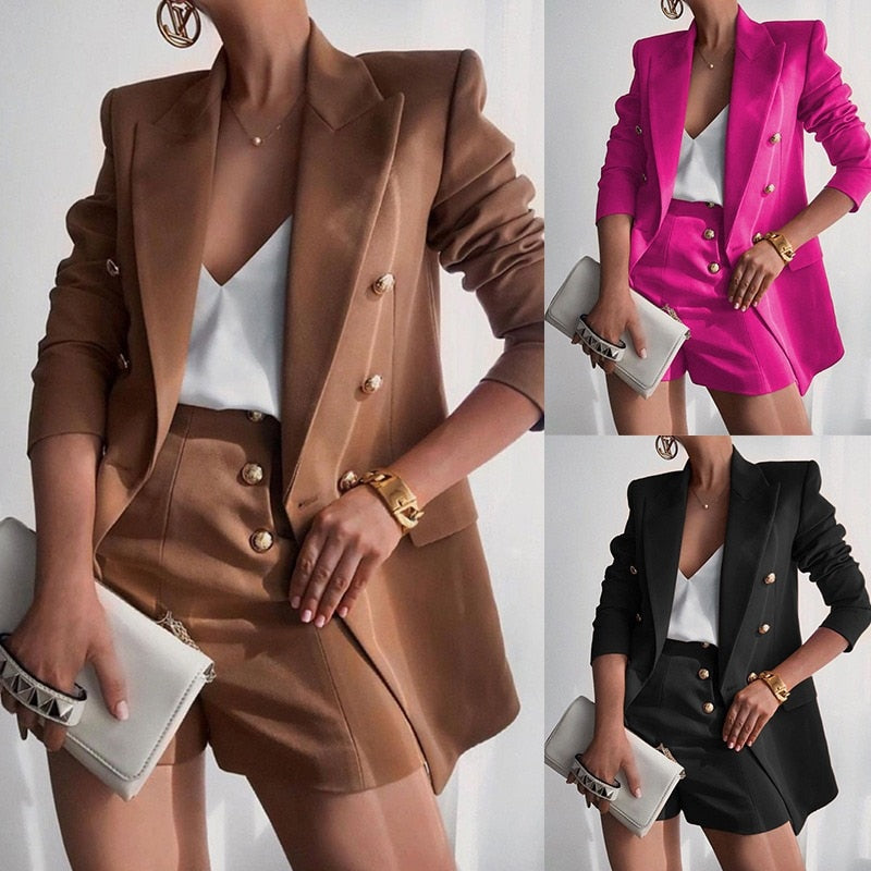 Lizakosht Women Autumn Spring Clothing Sets Long Sleeve Blazers Coats and Shorts Two Pieces Suits Ladies Casual OL Business Sets Outfits