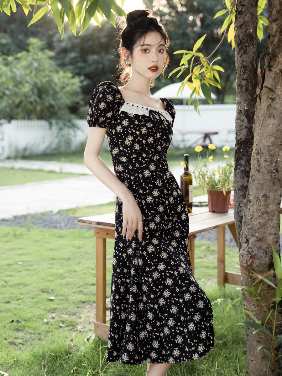 Lizakosht Summer Black Print Dress Woman Korean Chic Design Square Collar Puff Sleeve Sexy Slit Dresses For Party Vestido Negro Robe Noir