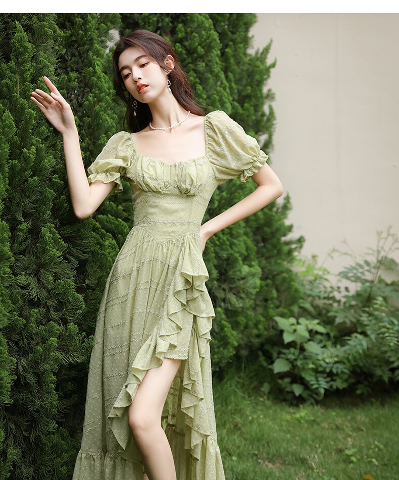 Lizakosht Summer Sexy Lady Green Dress Retro French Style Ruffles Asymmetrical Puff Sleeve Princess Dresses For Party Night Vestido Festa